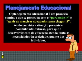 O planejamento educacional é um processo contínuo que se preocupa com o  “para onde ir”  e  “quais as maneiras adequadas para chegar lá”,  tendo em vista a situação presente e possibilidades futuras, para que o desenvolvimento da educação atenda tanto as necessidades da sociedade, quanto dos indivíduos. Planejamento Educacional 