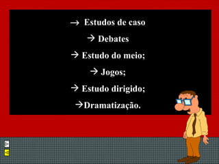    Estudos de caso Debates Estudo do meio; Jogos; Estudo dirigido; Dramatização. 