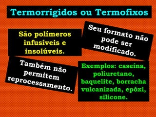 Termorrígidos ou Termofixos

 São polímeros
  infusíveis e
  insolúveis.

                 Exemplos: caseína,
                    poliuretano,
                 baquelite, borracha
                 vulcanizada, epóxi,
                      silicone.
 