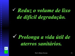    Reduz o volume de lixo
    de difícil degradação.


 Prolonga a vida útil de
   aterros sanitários.
           Prof. Albano Novaes   31
 