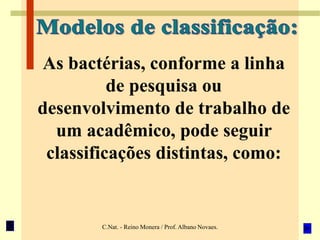C.Nat. - Reino Monera / Prof. Albano Novaes.
As bactérias, conforme a linha
de pesquisa ou
desenvolvimento de trabalho de
um acadêmico, pode seguir
classificações distintas, como:
 