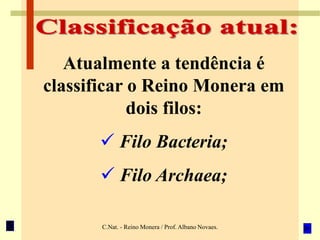C.Nat. - Reino Monera / Prof. Albano Novaes.
Atualmente a tendência é
classificar o Reino Monera em
dois filos:
 Filo Bacteria;
 Filo Archaea;
 