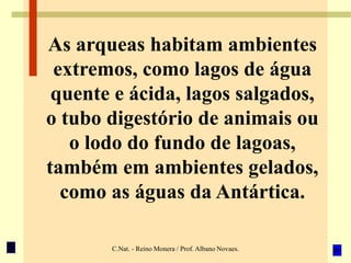 C.Nat. - Reino Monera / Prof. Albano Novaes.
As arqueas habitam ambientes
extremos, como lagos de água
quente e ácida, lagos salgados,
o tubo digestório de animais ou
o lodo do fundo de lagoas,
também em ambientes gelados,
como as águas da Antártica.
 