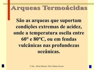 C.Nat. - Reino Monera / Prof. Albano Novaes.
São as arqueas que suportam
condições extremas de acidez,
onde a temperatura oscila entre
60° e 80°C, ou em fendas
vulcânicas nas profundezas
oceânicas.
 
