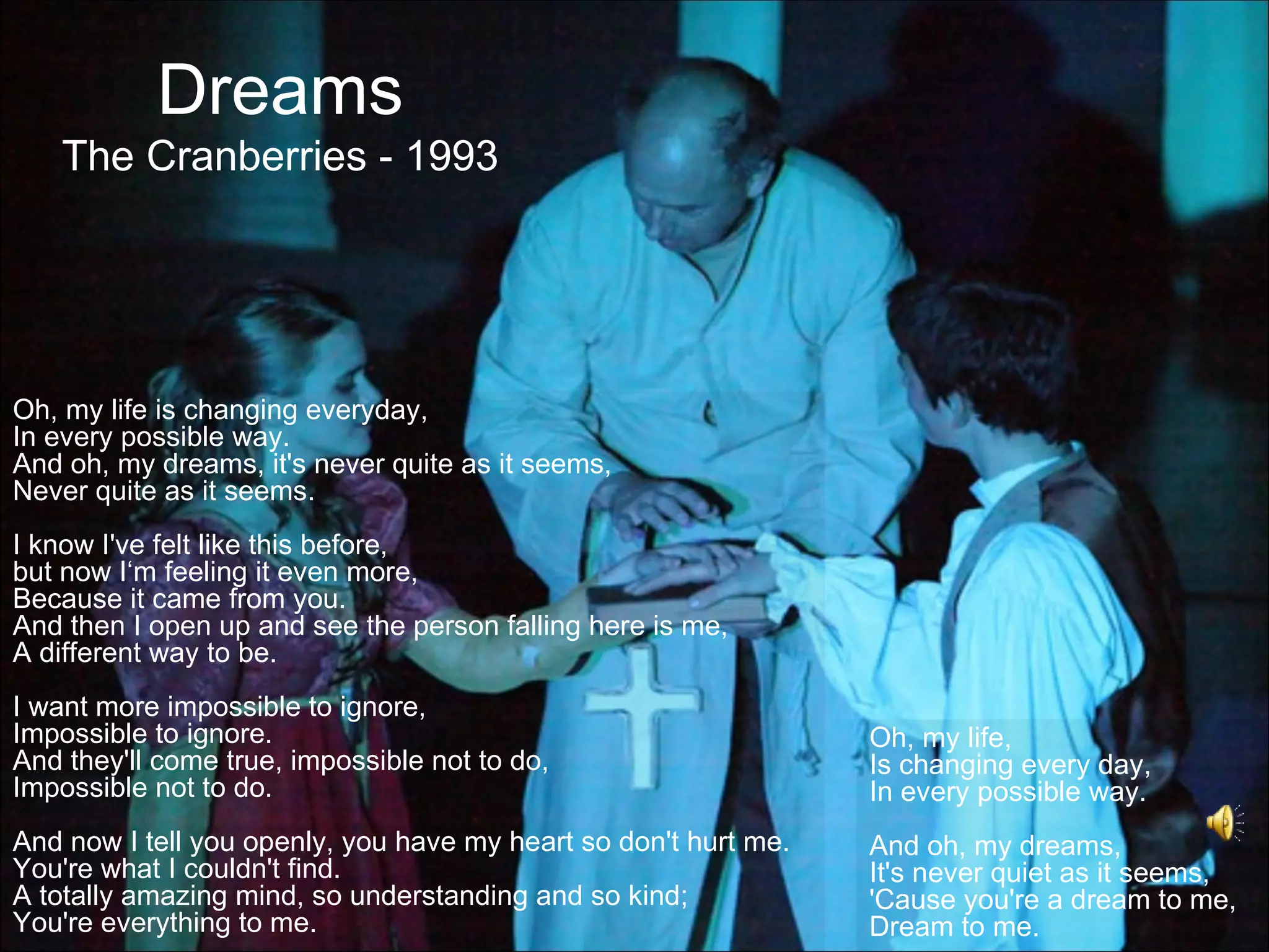 Dreams
    The Cranberries - 1993




Oh, my life is changing everyday,
In every possible way.
And oh, my dreams, it's never quite as it seems,
Never quite as it seems.
I know I've felt like this before,
but now I‘m feeling it even more,
Because it came from you.
And then I open up and see the person falling here is me,
A different way to be.
I want more impossible to ignore,
Impossible to ignore.                                            Oh, my life,
And they'll come true, impossible not to do,                     Is changing every day,
Impossible not to do.                                            In every possible way.
And now I tell you openly, you have my heart so don't hurt me.   And oh, my dreams,
You're what I couldn't find.                                     It's never quiet as it seems,
A totally amazing mind, so understanding and so kind;            'Cause you're a dream to me,
You're everything to me.                                         Dream to me.
 