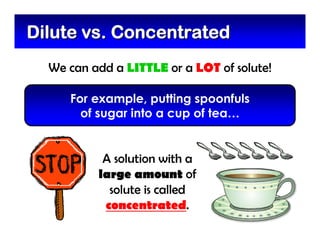 We can add a LITTLE or a LOT of solute!
Dilute vs. ConcentratedDilute vs. Concentrated
For example, putting spoonfuls
of sugar into a cup of tea…
A solution with a
large amount of
solute is called
concentrated.
 