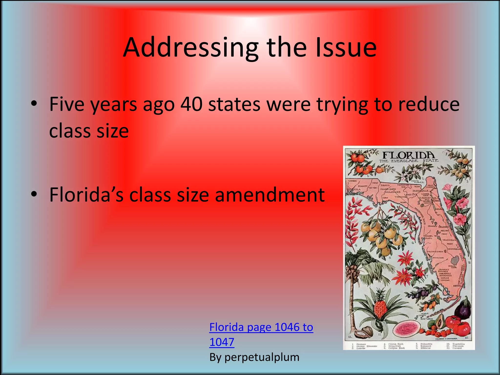 Addressing the IssueFive years ago 40 states were trying to reduce class sizeFlorida’s class size amendment Florida page 1046 to 1047By perpetualplum