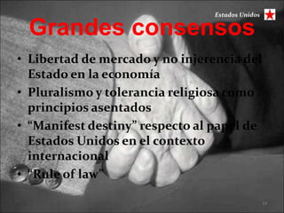 Estados Unidos

 Grandes consensos
• Libertad de mercado y no injerencia del
  Estado en la economía
• Pluralismo y tolerancia religiosa como
  principios asentados
• “Manifest destiny” respecto al papel de
  Estados Unidos en el contexto
  internacional
• “Rule of law”

                                                  14
 