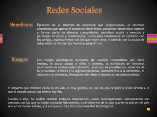 Ejercicio de la libertad de expresión que proporcionan, el estimulo
                    económico que aporta el comercio electrónico, posibilitan desarrollar hobbies
                    y formar parte de diversas comunidades, permiten acudir a eventos y
                    participar en actos y conferencias, sirven para mantenerse en contacto con
                    los amigos, especialmente con los que viven lejos, y además con la ayuda de
                    estas redes se diluyen las fronteras geográficas.




                    Los riesgos psicológicos derivados de insultos transmitidos por estos
                    medios, el acoso sexual a niños y jóvenes, la exhibición en formatos
                    multimedia de adolescentes desnudos, anuncios de prostitución, violación de
                    la privacidad, la honra y la dignidad personal, llamamientos a la xenofobia, el
                    racismo o la violencia, divulgación del ideario fascista o nacionalsocialista.



El impacto que internet causa en mi vida es muy grande, ya que sin ella no podría tener acceso a lo
que el mundo actual nos ofrece hoy día.

Gracias a ella, he podido realizar trabajos importantes, hacer investigaciones, comunicarme con
personas con las que no tengo contacto físicamente, a cerciorarme de lo que ocurre no solo en mi país
sino en el mundo entero, y a enriquecer más mis conocimientos tecnológicos.
 