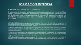  Factor 6. SEGUIMIENTO A ESTUDIANTES
El programa de estudios asegura que los ingresantes cuentan con el perfil de
ingreso, asimismo, utiliza los mecanismos para el seguimiento y nivelación de
las deficiencias que podrían presentarse durante el proceso formativo. Las
actividades extracurriculares están orientadas a la formación integral del
estudiante.
ESTANDAR 18.Admisión al programa de estudios : El proceso de admisión al programa de
estudios establece criterios en concordancia con el perfil de ingreso, claramente especificados en
los prospectos, que son de conocimiento público.
ESTANDAR 19.Nivelación de ingresantes El programa de estudios diseña, ejecuta y mantiene
mecanismo que ayuden a nivelar, en los estudiantes, las competencias necesarias para iniciar sus
estudios universitarios.
ESTANDAR 20. Seguimientos al desempeño de los estudiantes: El programa de estudios realiza
seguimientos al desempeño de los estudiantes a lo largo del programa de estudios y les ofrece el
apoyo necesario para lograr el avance esperado.
ESTANDAR 21.Actividades extracurriculares: El programa de estudio promueve y evalúa la
participación de estudiantes en actividades extracurriculares que contribuyen en su formación.
FORMACION INTEGRAL
 
