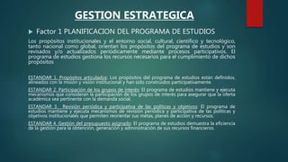  Factor 1 PLANIFICACION DEL PROGRAMA DE ESTUDIOS
Los propósitos institucionales y el entorno social, cultural, científico y tecnológico,
tanto nacional como global, orientan los propósitos del programa de estudios y son
revisados y/o actualizados periódicamente mediante procesos participativos. El
programa de estudios gestiona los recursos necesarios para el cumplimiento de dichos
propósitos
ESTANDAR 1. Propósitos articulados: Los propósitos del programa de estudios están definidos,
alineados con la misión y visión institucional y han sido construidos participativamente.
ESTANDAR 2. Participación de los grupos de interés: El programa de estudios mantiene y ejecuta
mecanismos que consideran la participación de los grupos de interés para asegurar que la oferta
académica sea pertinente con la demanda social.
ESTANDAR 3. Revisión periódica y participativa de las políticas y objetivos: El programa de
estudios mantiene y ejecuta mecanismos de revisión periódica y participativa de las políticas y
objetivos institucionales que permiten reorientar sus metas, planes de acción y recursos.
ESTANDAR 4. Gestión del presupuesto asignado: El programa de estudios demuestra la eficiencia
de la gestión para la obtención, generación y administración de sus recursos financieros.
GESTION ESTRATEGICA
 