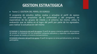  Factor 2. GESTION DEL PERFIL DE EGRESO
El programa de estudios define, evalúa y actualiza el perfil de egreso
considerando los propósitos de la universidad y del programa, las
expectativas de los grupos de interés y el entorno. Así mismo, utiliza la
evaluación que se realiza en el logro del perfil por parte de los egresados,
para realizar la actualización del mismo
ESTANDAR 5. Pertinencia del perfil de egreso: El perfil de egreso oriental la gestión del programa
de estudio, es coherente con sus propósitos, proyectos educativos y responde a las expectativas
de los grupos de interés y al entorno socioeconómico.
ESTANDAR 6.Revisión del perfil de egreso: El perfil de egreso se revisa periódicamente y de forma
participativa.
GESTION ESTRATEGICA
 
