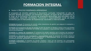  Factor 4. PROCESO ENSEÑANZA APRENDIZAJE
El programa de estudios gestiona el documento curricular, incluyendo un plan de
estudios flexible que asegure una formación integral y el logro de las competencias a
lo largo de la formación. El proceso de enseñanza aprendizaje está articulado con la
investigación, desarrollo tecnológico, innovación y responsabilidad social, así como
fortalecido por el intercambio de experiencias nacionales e internacionales.
ESTANDAR 9.Currículo: El programa de estudio utiliza mecanismos de gestión que aseguran la evaluación y
actualización periódica del documento curricular.
ESTANDAR 10.Características del plan de estudios :El plan de estudios es flexible e incluye cursos que brindan
una sólida base científica y humanista; con sentido de ciudadanía y responsabilidad social; y consideran una
práctica pre profesional.
ESTANDAR 11. Gestión de competencia: El programa de estudio garantiza que el proceso de enseñanza-
aprendizaje incluya todos los elementos que aseguren el logro de las competencias a lo largo de la formación.
ESTANDAR 12. Articulación con investigación y responsabilidad social: El programa de estudio articula el
proceso de enseñanza aprendizaje con la investigación y responsabilidad social, en la que participan
estudiantes y docentes, apuntando a la formación integral.
ESTANDAR 13.Movilidad: El programa de estudio mantiene y hace uso de convenios con universidades
nacionales e internacionales para la movilidad de estudiantes y docentes, así como para el intercambio de
experiencias
FORMACION INTEGRAL
 