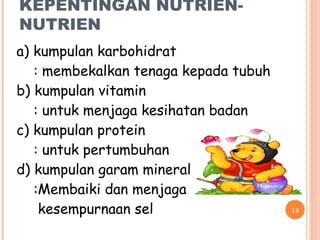 KEPENTINGAN NUTRIEN-
NUTRIEN
a) kumpulan karbohidrat
   : membekalkan tenaga kepada tubuh
b) kumpulan vitamin
   : untuk menjaga kesihatan badan
c) kumpulan protein
   : untuk pertumbuhan
d) kumpulan garam mineral
   :Membaiki dan menjaga
    kesempurnaan sel                   13
 
