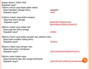 Soalan Aktiviti :TEKA-TEKI
Siapakah saya?
1)Kamu minum saya lapan gelas sehari.
  Saya hilangkan dahaga kamu.                  Jawapan:
  Siapakah saya?                               (AIR)

2) Kamu makan saya ketika sarapan.
   Saya beri kamu tenaga.
   Siapakah saya?                              (NASI/ROTI/MEE/KUIH-
                                               MUIH/KEK/CEREAL/BISKUT)
3)Kamu makan saya setiap hari.
  Saya juga beri kamu tenaga.
  Siapakah saya?                               (NASI)

4)Kamu minum saya ketika sarapan dan sebelum tidur.
  Saya bantu kuatkan tulang kamu.
  Siapakah saya?                                 (SUSU)

5)Kamu makan saya dengan nasi.
  Saya bantu kamu membesar.
  Siapakah saya?                               (TELUR/IKAN/DAGING/TAUFU)

6)Kamu mesti makan saya.
  Saya berwarna hijau dan sangat berkhasiat
                                                                          15
  Siapakah saya?                                (SAYUR-SAYURAN,BUAH-BUAHAN)
 