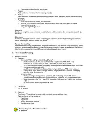 Pedoman Diagnosis & Penatalaksanaan Asma
Di Indonesia
5
- Penampilan pink puffer atau blue bloater
• Palpasi
Pada emfisema fremitus melemah, sela iga melebar
• Perkusi
Pada emfisema hipersonor dan batas jantung mengecil, letak diafragma rendah, hepar terdorong
ke bawah
• Auskultasi
- suara napas vesikuler normal, atau melemah
- terdapat ronki dan atau mengi pada waktu bernapas biasa atau pada ekspirasi paksa
- ekspirasi memanjang
- bunyi jantung terdengar jauh
Pink puffer
Gambaran yang khas pada emfisema, penderita kurus, kulit kemerahan dan pernapasan pursed - lips
breathing
Blue bloater
Gambaran khas pada bronkitis kronik, penderita gemuk sianosis, terdapat edema tungkai dan ronki
basah di basal paru, sianosis sentral dan perifer
Pursed - lips breathing
Adalah sikap seseorang yang bernapas dengan mulut mencucu dan ekspirasi yang memanjang. Sikap
ini terjadi sebagai mekanisme tubuh untuk mengeluarkan retensi CO2 yang terjadi sebagai mekanisme
tubuh untuk mengeluarkan retensi CO2 yang terjadi pada gagal napas kronik.
B. Pemeriksaan Penunjang
a. Pemeriksaan rutin
1. Faal paru
• Spirometri (VEP1, VEP1prediksi, KVP, VEP1/KVP
- Obstruksi ditentukan oleh nilai VEP1 prediksi ( % ) dan atau VEP1/KVP ( % ).
Obstruksi : % VEP1(VEP1/VEP1 pred) < 80% VEP1% (VEP1/KVP) < 75 %
-
VEP1 merupakan parameter yang paling umum dipakai untuk menilai beratnya PPOK dan
memantau perjalanan penyakit.
-
Apabila spirometri tidak tersedia atau tidak mungkin dilakukan, APE meter walaupun
kurang tepat, dapat dipakai sebagai alternatif dengan memantau variabiliti harian pagi
dan sore, tidak lebih dari 20%
• Uji bronkodilator
- Dilakukan dengan menggunakan spirometri, bila tidak ada gunakan APE meter.
-
Setelah pemberian bronkodilator inhalasi sebanyak 8 hisapan, 15 - 20 menit kemudian
dilihat perubahan nilai VEP1 atau APE, perubahan VEP1 atau APE < 20% nilai awal dan
< 200 ml
- Uji bronkodilator dilakukan pada PPOK stabil
2. Darah rutin
Hb, Ht, leukosit
3. Radiologi
Foto toraks PA dan lateral berguna untuk menyingkirkan penyakit paru lain
Pada emfisema terlihat gambaran :
- Hiperinflasi
- Hiperlusen
- Ruang retrosternal melebar
- Diafragma mendatar
 