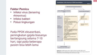 Faktor Pemicu
• Infeksi virus (tersering
rhinovirus)
• Infeksi bakteri
• Polusi lingkungan
Pada PPOK eksaserbasi,
peningkatan gejala biasanya
berlangsung selama 7-10
hari, tapi pada beberapa
pasien bisa lebih lama
 