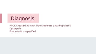 Diagnosis
PPOK Eksaserbasi Akut Tipe Moderate pada Populasi E
Dyspepsia
Pneumonia unspesified
 