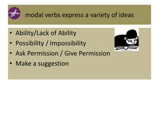 modal verbs express a variety of ideas
• Ability/Lack of Ability
• Possibility / Impossibility
• Ask Permission / Give Permission
• Make a suggestion
 