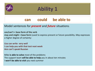 Ability 1
can could be able to
Model sentences for present and future situations:
can/can’t + base form of the verb
may and might + base form (used to express present or future possibility. May expresses
a higher degree of certainty:
Lisa can write very well
I can help you with that test next week
Ann can’t speak Russian
Mike is able to solve most of the problems
The support team will be able to help you in about ten minutes
I won’t be able to visit you next summer
 