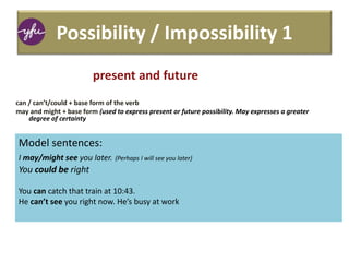 Possibility / Impossibility 1
can / can’t/could + base form of the verb
may and might + base form (used to express present or future possibility. May expresses a greater
degree of certainty
Model sentences:
I may/might see you later. (Perhaps I will see you later)
You could be right
You can catch that train at 10:43.
He can’t see you right now. He’s busy at work
present and future
 