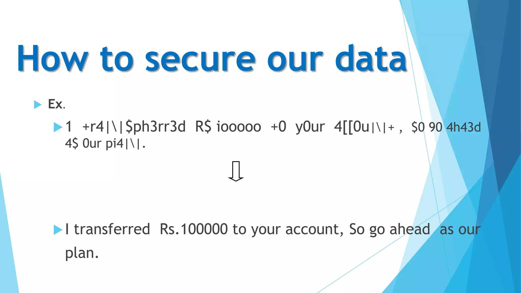 How to secure our data


Ex.
1

+r4||$ph3rr3d R$ iooooo +0 y0ur 4[[0u||+ , $0 90 4h43d

4$ 0ur pi4||.

I

transferred Rs.100000 to your account, So go ahead as our

plan.

 