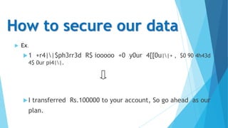 How to secure our data


Ex.
1

+r4||$ph3rr3d R$ iooooo +0 y0ur 4[[0u||+ , $0 90 4h43d

4$ 0ur pi4||.

I

transferred Rs.100000 to your account, So go ahead as our

plan.

 