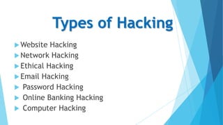 Types of Hacking
 Website

Hacking
 Network Hacking
 Ethical Hacking
 Email Hacking
 Password Hacking
 Online Banking Hacking
 Computer Hacking

 