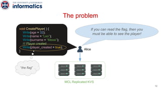 The problem
MCL Replicated KVS
Alice
If you can read the flag, then you
must be able to see the player!
void CreatePlayer( ) {
Write(age = 32);
Write(name = “Leo”);
Write(surname = “Messi”);
/// Player created
Write(player_created = true);
}
“the flag”
12
 