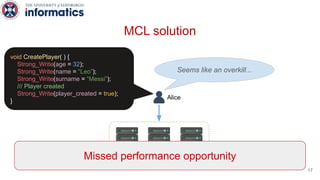 MCL Replicated KVS
Alice
Seems like an overkill...
MCL solution
void CreatePlayer( ) {
Strong_Write(age = 32);
Strong_Write(name = “Leo”);
Strong_Write(surname = “Messi”);
/// Player created
Strong_Write(player_created = true);
}
Missed performance opportunity
17
 