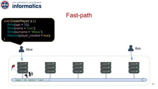 Fast-path
Alice Bob
(age = 32, name = “Leo”, ….)
void CreatePlayer( )( ) {
Write(age = 32);
Write(name = “Leo”);
Write(surname = “Messi”);
Release(player_created = true);
}
47
 