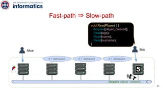Alice Bob
(Acquire (player_created))
5 = delinquent 5 = delinquent 5 = delinquent5 = delinquent 5 = delinquent 5 = delinquent
void ReadPlayer( ) {
Acquire(player_created);
Read(age);
Read(name);
Read(surname);
}
64
Fast-path ⇒ Slow-path
 