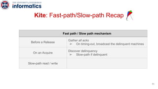Fast path / Slow path mechanism
Before a Release
Gather all acks
➢ On timing-out, broadcast the delinquent machines
On an Acquire
Discover delinquency
➢ Slow-path if delinquent
Slow-path read / write
Kite: Fast-path/Slow-path Recap
71
 