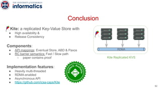 Kite: a replicated Key-Value Store with
● High availability &
● Release Consistency
Components:
● API mappings: Eventual S...