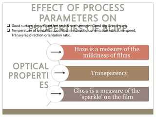 Haze is a measure of the
milkiness of films
Transparency
Gloss is a measure of the
'sparkle' on the film
 Good surface gloss. Good hot tack & seal strength. Good slip & anti-static.
 Temperature of crystallization. Machine direction orientation ratio. Line speed.
Transverse direction orientation ratio.
 