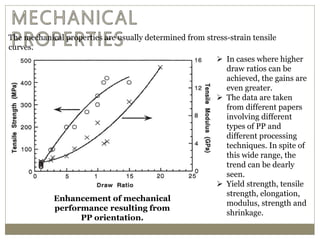 The mechanical properties are usually determined from stress-strain tensile
curves.
Enhancement of mechanical
performance resulting from
PP orientation.
 In cases where higher
draw ratios can be
achieved, the gains are
even greater.
 The data are taken
from different papers
involving different
types of PP and
different processing
techniques. In spite of
this wide range, the
trend can be dearly
seen.
 Yield strength, tensile
strength, elongation,
modulus, strength and
shrinkage.
 