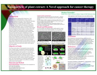 Nanoparticle of plant extract: A Novel approach for cancer therapy
Conclusion
Silver nanoparticles in nano-biotechnology area has increased its
importance to create ecofriendly; cost effective, stable nanoparticles and
their applications in medicines, agriculture and electronics are wider.
silver nanoparticles it is found that it is safer and better by using natural
plants Phytochemical chemopreventive agents are believed to play
significant roles in controlling, inhibiting, and blocking signals which
can cause translation of normal cells to cancer cells.
References:
T1) Rath M, Panda SS and Dhal NK. Synthesis of silver nano particles
from plant extract and its application in cancer treatment: a review, Int
JPAES. 2014;4:137,141.
2) Gupta VK, Singh R and Sharma B. Phytochemicals mediated
signalling pathways and their implications in cancer chemotherapy:
challenges and opportunities in phytochemicals based drug
development : A review, Biochem Comp. 2017;5:1.
3) Divakar TE, Rao YH. Biological synthesis of silver nano particles by
using Bombax ceiba plant, Int JCHPS.2017;10:575.
4) Hoang T. Process design. cancer treatment using
nanoparticle.ppt,2013/slide share, page no. 6,13.
Roshan Telrandhe*
Kamla Nehru College of Pharmacy, Butibori, Nagpur-441108, Maharastra, India
Background
Nanotechnology deals regulating matter at dimension of 1-100
nanometers. its use in fundamental physics, biology, chemistry,
technology of nanometer scale objects. It also includes how such objects
can be used in the areas of computation, sensors, nanostructure
materials, biolabeling, biomedical, agricultural, biolabeling , cancer,
biotechnology. There are 3 methods for preparation of nanoparticles
Physical, chemical &biological. Cancer is as an abnormal growth of
cells. It is due to lack of proper regulation in cell cycle. Cancer develops
through an accumulation of genetic changes or mutations which could
emerge due to different factors like physical, chemical, biological.
Currently available cancer chemotherapeutic agents insidiously affect
the host cells especially bone marrow, epithelial tissues, reticule-
endothelial system and gonads Because of high death rate associated
with cancer and the serious side effects of chemotherapy & radiation
therapy. Silver NanoParticles as an anticancer agent and they have all
turned up positive. Many plant-derived products have been reported to
exhibit potent antitumour activity against several rodent and human
cancer cell lines. Plants history about use in the treatment of cancer. It is
significant that over 60% of currently used anticancer agents are derived,
in one way or another, from natural sources (plants, marine organism,
and microorganisms).
Synthesis of Silver Nanoparticles
1]freshly prepared 1mM silver nitrate and stored under dark conditions
with the plant extract. solution are prepared in ratio of 9:1(AgNO3:Plant
Extract).
2]1 mM solution of AgNO3 prepared in an Erlenmeyer ﬂask. Then 1, 2, 3, 4
and 5 mL of plant extract was added separately to 10 mL of silver nitrate
solution keeping its concentration at 1 mM.
3]AgNO3 (1mM-5mM) keeping extract concentration constant (1 mL)
This setup was incubated in a dark chamber to minimize photo-activation of
silver nitrate at room temperature.
Objective of study
This focuses on the synthesis of Ag nanoparticles using various plant
sources. Generally surgery, chemotherapy and radiation treatment are
the most prevalent therapeutic option for cancer. Its side effects due to
lack of targeted delivery and cancer specificity. To overcome these
limitations, nanoparticle could ensure targeted drug therapy. The active
herbal compounds of plants induce cytoprotective enzymes by the
modulation of molecular targets of cancer while acting in co-ordination
to detoxify and remove reactive substances formed by carcinogenic
agents. The cell line proliferation were significantly inhibited by AgNP
isolated from various species studied. it is cost effective, eco-friendly,
stable and safe in cancer treatment.
Instrumentation: Characterization of silver nanoparticle are
carried out by this instrument
#UV visible spectrophotometer
#Fourier transforms infra- red spectroscopy
#Scanning electron microscope
#Transmission electron microscope
Result and Discussion
Fig: SEM Image of Ag NP By
Stem Extracts of Jatropha curcus
Fig: SEM Image of Ag NP By Stem
Extracts of Jatropha gossypifolia
Spherical, branched
polymers that are silica-
coated micelles, ceramic
nanoparticles, and cross
linked liposomes, can be
targeted to cancer cell.
This is done by attaching
monoclonal antibodies or
cell surface receptor ligands
that bind specifically to
molecule found on the
surface of cancer cells.
Such as the high affinity
folate receptor and
lutenizing hormone
releasing hormone ( LH-RH)
or molecules unique to
endothelial cells that
become co-opted by
malignant cells.
The nanoparticles are
rapidly taken into cells.
S. No Plant name Source of
extract for
synthesis of
silver
nanoparticle
(AgNP)
Cancer cell lines
(Human)
Size of silver
nanoparticle(Ag
NP) nm
Ic50 µg/ml
1 Citrullus colosynthis Fruits, leaves,
Seeds, roots
HCT-116, MCF-
7,Hep-G2, Caco-2
Fruits-19.267
,seeds-16.578
,leaves-13.376
,roots-7.398
(Fruits) HepG2
=17.2 & MCF-7=
22.4 (leaves)
HepG2=10.2,
(roots)
HCT116=21.2 &
Hep-G2=22.4
2 Cissus
quadrangularis
stem Hep-2 20-56 64
3 Origanum vulgare leaves A549 63-85 100
4 Sesbania grandiflora leaves MCF-7 22 20
5 seaweed Ulva
lactuca
Whole
microalgea
Hep-2,MCF-7,
HT-29
5-30 Hep-G2=12.5,
MCF-7=37 &
HT-29=49
6 Brassica oleracea Cauliflower
florets
MCF-7 48 190.501
7 Seaweed Gelidiella
sp.
Whole Seaweed Hep-2 31.25 40-50
Table:Application of AgNP from plant extract used in different cell line
The cell line proliferation were significantly inhibited by AgNPs isolated from Jatropha
species with Jatropha curcus and Jatropha gossypifolia. The in vitro screening of the
AgNPs showed potential cytotoxic activity against the lung cancer cell lines A549.
Material and Method
Presented in NATIONAL CONFERENCE ;A Phytomedicine : A Novel
Approach For Cancer Treatment.
Sponsered By Indian Councial Of Medical Research, Delhi.
Organised By Kamla Nehru College Of Pharmacy, Butibori, Nagpur-
441108, Maharastra, India.
ON 25 & 26 March 2017
 