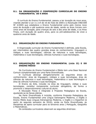 9


8.1. DA ORGANIZAÇÃO E COMPOSIÇÃO CURRICULAR DO ENSINO
     FUNDAMENTAL DE 9 ANOS


     O currículo do Ensino Fundamental, passou a ter duração de nove anos,
visando atender a Lei 11.114 de 16 de maio de 2005 e a Resolução CNE/CEB
№ 3/2005 que estabelece o Ensino Fundamental como pelo menos nove
anos de duração e até quatorze anos de idade, sendo os Anos Iniciais com
cinco anos de duração, para crianças de seis a dez anos de idade, e os Anos
Finais, com duração de quatro anos, para os pré-adolescentes de onze a
quatorze anos de idade.



8.2. ORGANIZAÇÃO DO ENSINO FUNDAMENTAL

    A Organização curricular do Ensino Fundamental é definida, pela Escola,
por intermédios das quatro grandes áreas do conhecimento: linguagem e
códigos e suas tecnologias; ciências da natureza e suas tecnologias,
matemática e suas tecnologias; ciências humanas e suas tecnologias.



8.3. ORGANIZAÇÃO DO ENSINO FUNDAMENTAL (ciclo II) E DO
     ENSINO MÉDIO

      Os Currículos do Ensino Fundamental e Médio tem uma Base Nacional
Comum complementada por uma Parte Diversificada.
      O Currículo abrange obrigatoriamente as seguintes áreas do
conhecimento: área de linguagem, códigos e suas tecnologias, área de
ciências da natureza e suas tecnologias, matemática e suas tecnologias e
área da ciências humanas e suas tecnologias.
      O Ensino da Arte, incluído na área de linguagem, código e suas
tecnologias, constitui componente curricular obrigatório, de forma a
promover o desenvolvimento cultural do aluno.
      A Educação Física é integrada à Proposta Pedagógica da Escola,
ajustando-se às faixas etárias.
      Na Parte Diversificada é incluída, conforme Proposta Pedagógica da
Escola, Ensino Fundamental uma Língua Estrangeira Moderna, o Inglês e
Ensino Médio duas Línguas Estrangeiras Moderna, o Inglês e o Espanhol (à
partir do segundo semestre de 2010), ainda na Parte Diversificada, as
disciplinas de apoio curricular para os terceiros anos ( Português, Geografia
e Matemática).
      Os conteúdos curriculares observam as seguintes diretrizes:
 