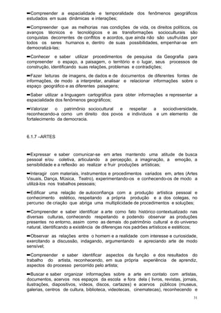➡Compreender a espacialidade e temporalidade dos fenômenos geográficos
estudados em suas dinâmicas e interações;
➡Compreender que as melhorias nas condições de vida, os direitos políticos, os
avanços técnicos e tecnológicos e as transformações socioculturais são
conquistas decorrentes de conflitos e acordos, que ainda não são usufruídas por
todos os seres humanos e, dentro de suas possibilidades, empenhar-se em
democratizá-las;
➡Conhecer e saber utilizar procedimentos de pesquisa da Geografia para
compreender o espaço, a paisagem, o território e o lugar, seus processos de
construção, identificando suas relações, problemas e contradições;
➡Fazer leituras de imagens, de dados e de documentos de diferentes fontes de
informações, de modo a interpretar, analisar e relacionar informações sobre o
espaço geográfico e as diferentes paisagens;
➡Saber utilizar a linguagem cartográfica para obter informações e representar a
espacialidade dos fenômenos geográficos;
➡Valorizar    o   patrimônio sociocultural e respeitar a sociodiversidade,
reconhecendo-a como um direito dos povos e indivíduos e um elemento de
fortalecimento da democracia.


6.1.7 –ARTES


➡Expressar e saber comunicar-se em artes mantendo uma atitude de busca
pessoal e/ou coletiva, articulando a percepção, a imaginação, a emoção, a
sensibilidade e a reflexão ao realizar e fruir produções artísticas;
➡Interagir com materiais, instrumentos e procedimentos variados em, artes (Artes
Visuais, Dança, Música, Teatro), experimentando-os e conhecendo-os de modo a
utilizá-los nos trabalhos pessoais;
➡Edificar uma relação de autoconfiança com a produção artística pessoal e
conhecimento estético, respeitando a própria produção e a dos colegas, no
percurso de criação que abriga uma multiplicidade de procedimentos e soluções;
➡Compreender e saber identificar a arte como fato histórico contextualizado nas
diversas culturas, conhecendo respeitando e podendo observar as produções
presentes no entorno, assim como as demais do patrimônio cultural e do universo
natural, identificando a existência de diferenças nos padrões artísticos e estéticos;
➡Observar as relações entre o homem e a realidade com interesse e curiosidade,
exercitando a discussão, indagando, argumentando e apreciando arte de modo
sensível;
➡Compreender e saber identificar aspectos da função e dos resultados do
trabalho do artista, reconhecendo, em sua própria experiência de aprendiz,
aspectos do processo percorrido pelo artista;
➡Buscar e saber organizar informações sobre a arte em contato com artistas,
documentos, acervos nos espaços da escola e fora dela ( livros, revistas, jornais,
ilustrações, diapositivos, vídeos, discos, cartazes) e acervos públicos (museus,
galerias, centros de cultura, biblioteca, videotecas, cinematecas), reconhecendo e
                                                                                   31
 