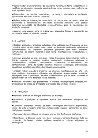 ➡Compreender o funcionamento do organismo humano, de forma a reconhecer e
modificar as atividades corporais, valorizando-as como recursos para melhoria de
suas aptidões físicas;
➡Desenvolver as noções conceituais          de esforço, intensidade e freqüência,
aplicando-as em suas práticas corporais;
➡Refletir sobre as informações específicas da cultura corporal, sendo capaz de
discerni-las e reinterpretá-las em bases científicas, adotando uma postura
autônoma na seleção de atividades e procedimentos para a manutenção ou
aquisição da saúde;
➡Assumir uma postura ativa, na prática das atividades físicas, e consciente da
importância delas na vida do cidadão.


7.1.5 – ARTES
➡Realizar produções artísticas, individuais e/ou coletivas, nas linguagens da arte
( música, artes visuais, dança, teatro, artes audiovisuais) analisando, refletindo e
compreendendo os diferentes processos produtivos, com seus diferentes
instrumentos de ordem material e ideal, como manifestações socioculturais e
históricas;
➡Apreciar produtos de arte, sem suas várias linguagens, desenvolvendo tanto a
fruição quanto a análise estética, conhecendo, analisando, refletindo e
compreendendo       critérios     culturalmente    construídos   e embasados   em
conhecimentos afins, de caráter filosófico, histórico, sociológico, antropológico,
psicológico, semiótico, científico e tecnológico, dentre outros;
➡Analisar, refletir, respeitar e preservar as diversas manifestações da arte – em
suas múltiplas linguagens - utilizadas por diferentes grupos sociais e étnicos,
interagindo com o patrimônio nacional e internacional, que se deve conhecer e
compreender em sua dimensão sócio-histórica;
➡Valorizar o trabalho dos profissionais e técnicos das linguagens artísticas, dos
profissionais da crítica, da divulgação e circulação dos produtos de arte.


7.1.6 – BIOLOGIA
➡Perceber e utilizar os códigos intrínseco da Biologia;
➡Apresentar suposições e hipóteses acerca dos fenômenos biológicos em
estudo;
➡Conhecer diferentes formas de obter informações observação, experimento,
leitura de texto e imagem, entrevista), selecionando aquelas pertinentes ao tema
biológico em questão;
➡Expressar dúvidas, idéias e conclusões acerca dos fenômenos biológicos;
➡Reconhecer a Biologia como um fazer humano e, portanto, histórico, fruto da
conjunção de fatores sociais, políticos, econômicos, culturais, religiosos e
tecnológicos.



                                                                                  34
 