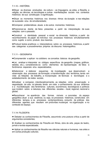 7.1.10 – HISTÓRIA
➡Situar as diversas produções da cultura – as linguagens, as artes, a filosofia, a
religião, as ciências, as tecnologias e outras manifestações sociais nos contextos
históricos de sua constituição e significação;
➡Situar os momentos históricos nos diversos ritmos da duração e nas relações
de sucessão e/ou de simultaneidade;
➡Comparar problemáticas atuais e de outros momentos históricos;
➡Posicionar-se diante de fatos presentes a partir da interpretação de suas
relações com o passado;
➡Construir a identidade pessoal e social na dimensão histórica, a partir do
reconhecimento do papel de indivíduo nos processos históricos simultaneamente
como sujeito e como produto dos mesmos.
➡Produzir textos analíticos e interpretativos sobre os processos históricos, a partir
das categorias e procedimentos próprios do discurso historiográfico.


7.1.11 – GEOGRAFIA
➡Compreender e aplicar no cotidiano os conceitos básicos da geografia;
➡Ler, analisar e interpretar os códigos específicos da geografia (mapas, gráficos,
tabelas, etc.), considerando-os como elementos de representação de fatos e
fenômenos espaciais e/ou espacializados;
➡Selecionar e elaborar esquemas de investigação que desenvolvam a
observação dos processos de formação e transformação dos territórios, tendo em
vista as relações de trabalho, a incorporação de técnicas e tecnologias e o
estabelecimento de redes sociais;
➡Analisar e comparar, interdisciplinarmente, as relações entre preservação e
degradação da vida no planeta, tendo em vista o conhecimento da sua dinâmica
e a mundialização dos fenômenos culturais, econômicos, tecnológicos e políticos
que incidem sobre a natureza, nas diferentes escalas – local, regional, nacional e
global;
➡Reconhecer na aparência das formas visíveis e concretas do espaço
geográfico atual a sua essência, ou seja, os processos históricos, construídos em
diferentes tempos, e os processos contemporâneos, conjunto de práticas dos
diferentes agentes, que resultam em profundas mudanças na organização e no
conteúdo do espaço.


7.1.14- FILOSOFIA
➡ Debater os conhecimentos de Filosofia, assumindo uma postura crítica a partir de
argumentos consistentes;
➡ Analisar os conhecimentos de Filosofia em filmes, obra de arte, peças de teatro,
jornal e revista especializada;
➡ Aplicar os conhecimentos de filosofia nas ciências naturais e humanas, nas artes e
em outras produção culturais;
                                                                                   36
 