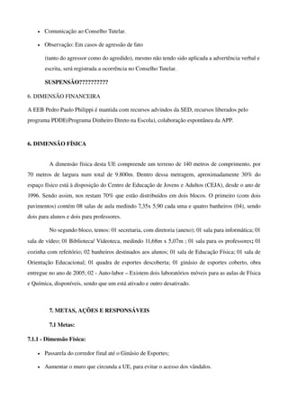 •   Comunicação ao Conselho Tutelar. 

    •   Observação: Em casos de agressão de fato

        (tanto do agressor como do agredido), mesmo não tendo sido aplicada a advertência verbal e 
        escrita, será registrada a ocorrência no Conselho Tutelar.

        SUSPENSÃO??????????

6. DIMENSÃO FINANCEIRA

A EEB Pedro Paulo Philippi é mantida com recursos advindos da SED, recursos liberados pelo 
programa PDDE(Programa Dinheiro Direto na Escola), colaboração espontânea da APP.



6. DIMENSÃO FÍSICA


          A dimensão física desta UE compreende um terreno de 140 metros de comprimento, por 
70   metros   de  largura num total de 9.800m. Dentro dessa metragem, aproximadamente 30%  do 
espaço físico está à disposição do Centro de Educação de Jovens e Adultos (CEJA), desde o ano de 
1996. Sendo assim, nos restam 70% que estão distribuídos em dois blocos. O primeiro (com dois 
pavimentos) contém 08 salas de aula medindo 7,35x 5,90 cada uma e quatro banheiros (04), sendo 
dois para alunos e dois para professores. 

          No segundo bloco, temos: 01 secretaria, com diretoria (anexo); 01 sala para informática; 01 
sala de vídeo; 01 Biblioteca/ Videoteca, medindo 11,68m x 5,07m ; 01 sala para os professores; 01 
cozinha com refeitório; 02 banheiros destinados aos alunos; 01 sala de Educação Física; 01 sala de 
Orientação Educacional; 01 quadra de esportes descoberta; 01 ginásio de esportes coberto, obra 
entregue no ano de 2005; 02 ­ Auto­labor – Existem dois laboratórios móveis para as aulas de Física 
e Química, disponíveis, sendo que um está ativado e outro desativado.



          7. METAS, AÇÕES E RESPONSÁVEIS

          7.1 Metas:

7.1.1 ­ Dimensão Física:

    •   Passarela do corredor final até o Ginásio de Esportes;

    •   Aumentar o muro que circunda a UE, para evitar o acesso dos vândalos.
 