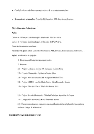 •   Condições de acessibilidade para portadores de necessidades especiais. 



  •    
      Responsáveis pelas ações
                              : Conselho Deliberativo, APP, direção, professores.



  7.1.2 – Dimensão Pedagógica:

  Ações:

  Cursos de Formação Continuada para professores de 1ª a 4ª série.

  Cursos de Formação Continuada para professores de 5ª a 8ª série.

  Ativação das salas de auto­labor.

  Responsáveis pelas ações: Conselho Deliberativo, APP, Direção, Especialistas e professores.

  Ações: Viabilização de projetos:

           1. Homenagem Cívica: professores regentes

           2. Projetos:

           2.1 – Projeto Leitura na Escola: Mª Margarete Martins Silva

           2.2 – Feira de Matemática: Sílvia dos Santos Silva

           2.3 – Projeto Afro­descendente: Mª Margarete Martins Silva

           2.4 – Projeto NEPRE: Lubélia Maria Pinto e Kátia Fernandes Soares

           2.5 – Projeto Educação Fiscal: Sílvia dos Santos Silva



           2.6 – Projeto Recreio Monitorado: Cláudia Christiane Agostinho de Souza

           2.7 – Campeonato Soletrando: Kátia Fernandes Soares

           3.0 ­ Campeonatos internos e externos nas modalidades de futsal e handbol masculino e 
           feminino: Sérgio B. Monfardini



9 REFERÊNCIAS BIBLIOGRÁFICAS 
 