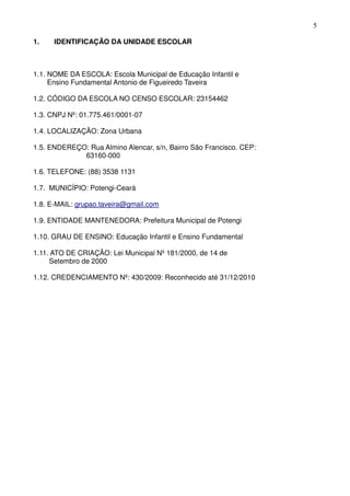 5

1.    IDENTIFICAÇÃO DA UNIDADE ESCOLAR



1.1. NOME DA ESCOLA: Escola Municipal de Educação Infantil e
     Ensino Fundamental Antonio de Figueiredo Taveira

1.2. CÓDIGO DA ESCOLA NO CENSO ESCOLAR: 23154462

1.3. CNPJ Nº: 01.775.461/0001-07

1.4. LOCALIZAÇÃO: Zona Urbana

1.5. ENDEREÇO: Rua Almino Alencar, s/n, Bairro São Francisco. CEP:
             63160-000

1.6. TELEFONE: (88) 3538 1131

1.7. MUNICÍPIO: Potengi-Ceará

1.8. E-MAIL: grupao.taveira@gmail.com

1.9. ENTIDADE MANTENEDORA: Prefeitura Municipal de Potengi

1.10. GRAU DE ENSINO: Educação Infantil e Ensino Fundamental

1.11. ATO DE CRIAÇÃO: Lei Municipal Nº 181/2000, de 14 de
     Setembro de 2000

1.12. CREDENCIAMENTO Nº: 430/2009: Reconhecido até 31/12/2010
 