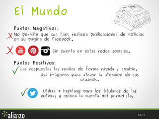 El Mundo
Puntos Negativos:

No permite que sus fans realicen publicaciones de noticias
en su página de Facebook.
Sin cuenta en estas redes sociales.
Puntos Positivos:

Las respuestas las realiza de forma rápida y amable.
Usa imágenes para atraer la atención de sus
usuarios.
Utiliza # hashtags para los titulares de las
noticias y coloca la cuenta del periodista.

14 /18

 