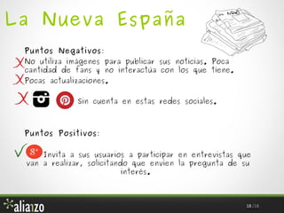 La Nueva España
Puntos Negativos:

No utiliza imágenes para publicar sus noticias. Poca
cantidad de fans y no interactúa con los que tiene.
Pocas actualizaciones.

Sin cuenta en estas redes sociales.

Puntos Positivos:
Invita a sus usuarios a participar en entrevistas que
van a realizar, solicitando que envíen la pregunta de su
interés.

18 /18

 