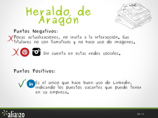 Heraldo de
Aragón
Puntos Negativos:

Pocas actualizaciones, no invita a la interacción. Sus
titulares no son llamativos y no hace uso de imágenes.
Sin cuenta en estas redes sociales.

Puntos Positivos:
Es el único que hace buen uso de Linkedin,
indicando los puestos vacantes que puede tener
en su empresa.

19 /18

 
