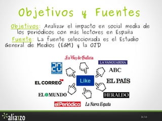 Objetivos y Fuentes
Objetivos: Analizar el impacto en social media de
los periódicos con más lectores en España
Fuente: La fuente seleccionada es el Estudio
General de Medios (EGM) y la OJD

3 /18

 