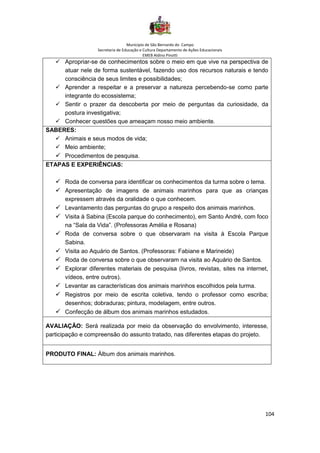 Município de São Bernardo do Campo
Secretaria de Educação e Cultura Departamento de Ações Educacionais
EMEB Aldino Pinotti
104
✓ Apropriar-se de conhecimentos sobre o meio em que vive na perspectiva de
atuar nele de forma sustentável, fazendo uso dos recursos naturais e tendo
consciência de seus limites e possibilidades;
✓ Aprender a respeitar e a preservar a natureza percebendo-se como parte
integrante do ecossistema;
✓ Sentir o prazer da descoberta por meio de perguntas da curiosidade, da
postura investigativa;
✓ Conhecer questões que ameaçam nosso meio ambiente.
SABERES:
✓ Animais e seus modos de vida;
✓ Meio ambiente;
✓ Procedimentos de pesquisa.
ETAPAS E EXPERIÊNCIAS:
✓ Roda de conversa para identificar os conhecimentos da turma sobre o tema.
✓ Apresentação de imagens de animais marinhos para que as crianças
expressem através da oralidade o que conhecem.
✓ Levantamento das perguntas do grupo a respeito dos animais marinhos.
✓ Visita à Sabina (Escola parque do conhecimento), em Santo André, com foco
na “Sala da Vida”. (Professoras Amélia e Rosana)
✓ Roda de conversa sobre o que observaram na visita à Escola Parque
Sabina.
✓ Visita ao Aquário de Santos. (Professoras: Fabiane e Marineide)
✓ Roda de conversa sobre o que observaram na visita ao Aquário de Santos.
✓ Explorar diferentes materiais de pesquisa (livros, revistas, sites na internet,
vídeos, entre outros).
✓ Levantar as características dos animais marinhos escolhidos pela turma.
✓ Registros por meio de escrita coletiva, tendo o professor como escriba;
desenhos; dobraduras; pintura, modelagem, entre outros.
✓ Confecção de álbum dos animais marinhos estudados.
AVALIAÇÃO: Será realizada por meio da observação do envolvimento, interesse,
participação e compreensão do assunto tratado, nas diferentes etapas do projeto.
PRODUTO FINAL: Álbum dos animais marinhos.
 