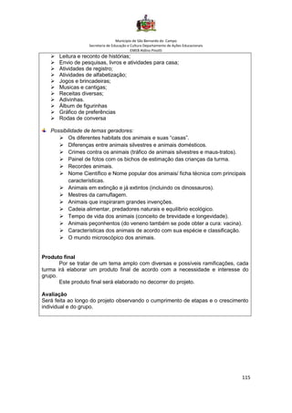 Município de São Bernardo do Campo
Secretaria de Educação e Cultura Departamento de Ações Educacionais
EMEB Aldino Pinotti
115
➢ Leitura e reconto de histórias;
➢ Envio de pesquisas, livros e atividades para casa;
➢ Atividades de registro;
➢ Atividades de alfabetização;
➢ Jogos e brincadeiras;
➢ Musicas e cantigas;
➢ Receitas diversas;
➢ Adivinhas.
➢ Álbum de figurinhas
➢ Gráfico de preferências
➢ Rodas de conversa
Possibilidade de temas geradores:
➢ Os diferentes habitats dos animais e suas “casas”.
➢ Diferenças entre animais silvestres e animais domésticos.
➢ Crimes contra os animais (tráfico de animais silvestres e maus-tratos).
➢ Painel de fotos com os bichos de estimação das crianças da turma.
➢ Recordes animais.
➢ Nome Científico e Nome popular dos animais/ ficha técnica com principais
características.
➢ Animais em extinção e já extintos (incluindo os dinossauros).
➢ Mestres da camuflagem.
➢ Animais que inspiraram grandes invenções.
➢ Cadeia alimentar, predadores naturais e equilíbrio ecológico.
➢ Tempo de vida dos animais (conceito de brevidade e longevidade).
➢ Animais peçonhentos (do veneno também se pode obter a cura: vacina).
➢ Características dos animais de acordo com sua espécie e classificação.
➢ O mundo microscópico dos animais.
Produto final
Por se tratar de um tema amplo com diversas e possíveis ramificações, cada
turma irá elaborar um produto final de acordo com a necessidade e interesse do
grupo.
Este produto final será elaborado no decorrer do projeto.
Avaliação
Será feita ao longo do projeto observando o cumprimento de etapas e o crescimento
individual e do grupo.
 